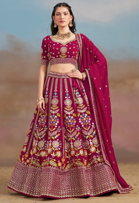 Stunning Pink Thread Work Georgette Engagement Wear Lehenga With Blouse